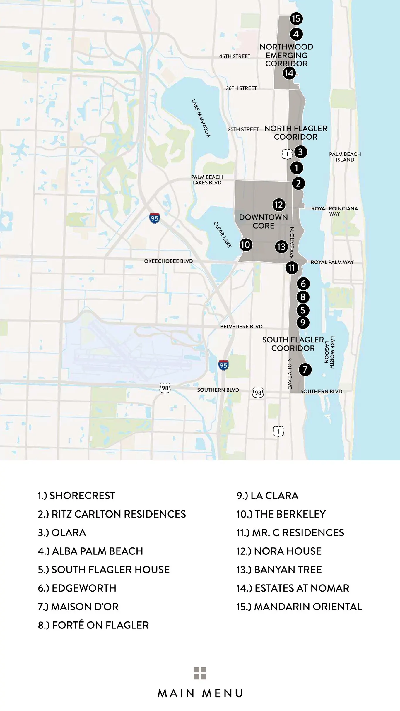 The guide’s map of West Palm Beach’s waterfront corridors with the fifteen buildings numbered